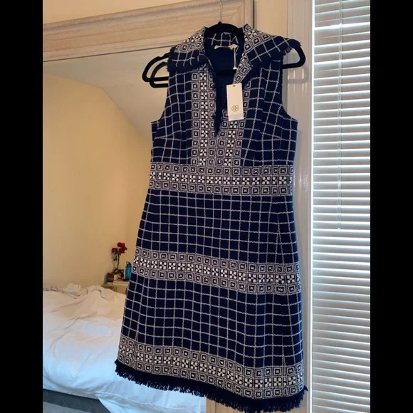 Tory Burch navy and white tweed sleeveless Carlsbad sheath Collared Dress